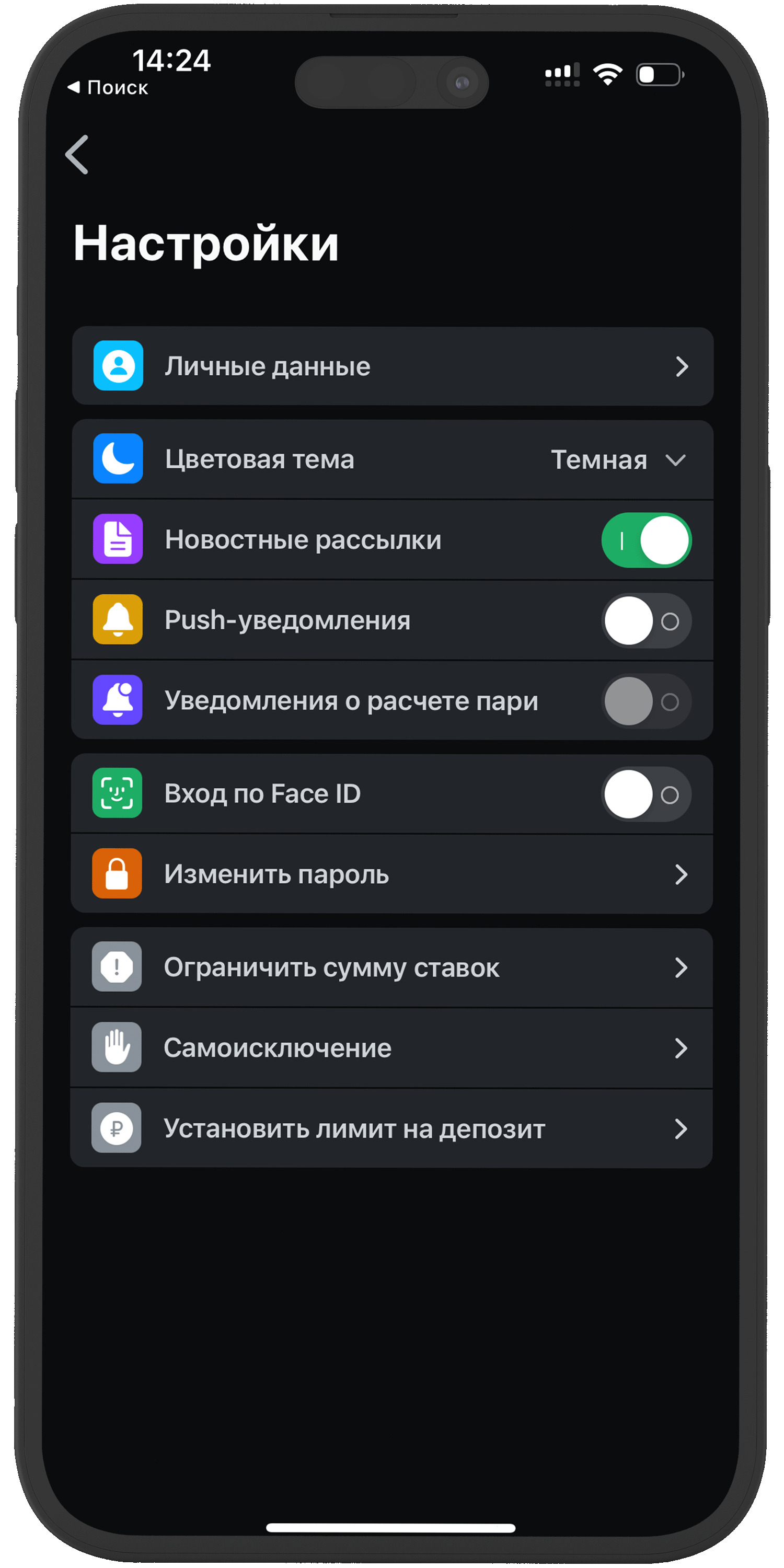 Главное меню приложения на iOS